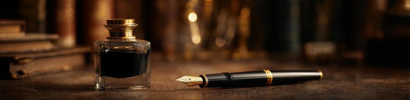 Header image of fountain pen and ink bottle_1, fountain pen, ink bottle, stationery, JPG
