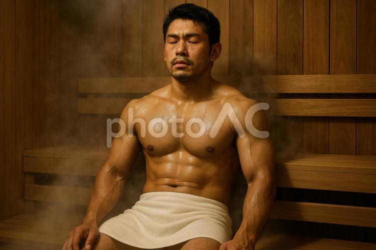 サウナで汗を流す男性 サウナ,男性,発汗の写真素材
