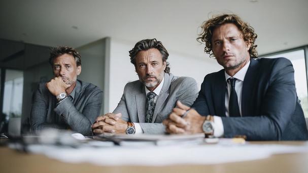 重要な商談を行う集中した男性たちの写真