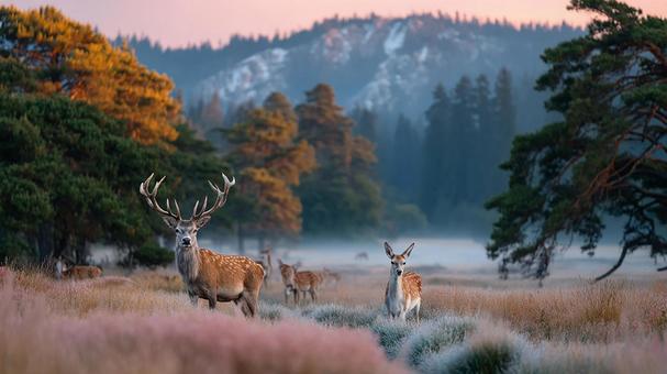 静かに見つめる鹿の親子の写真
