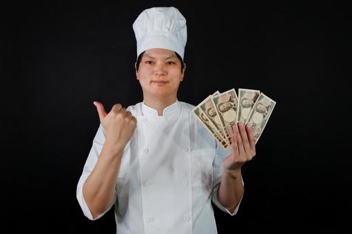 シェフと日本円の札束 シェフと日本円の札束 シェフ,料理人,白衣の写真素材