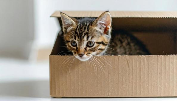 ダンボール箱から顔を出す子猫 ダンボール箱から顔を出す子猫の写真