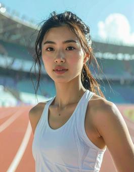 白いウェアを着た女性ランナー 白いウェアを着た女性ランナーの写真