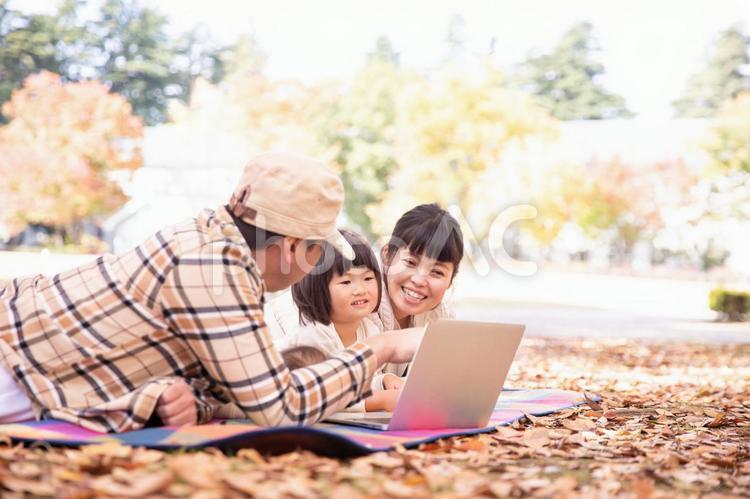 秋の公園でタブレットPCで遊ぶ家族・ファミリー 家族,動画,ピクニックの写真素材