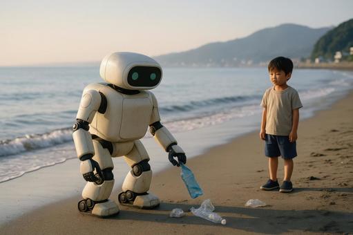 海岸でゴミ拾いするロボット 海岸でゴミ拾いするロボットの写真