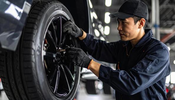 車の整備をする日本人作業員の手もと 車の整備をする日本人作業員の手もとの写真