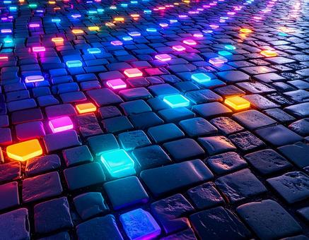 Cobblestones at night illuminated with light and fluorescent colors, cobblestone, tile, light, JPG