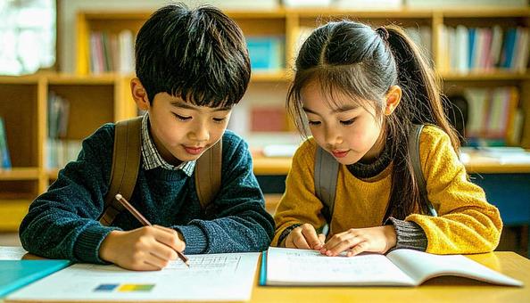 学校の教室で勉強している小学生2人 学校の教室で勉強している小学生2人の写真