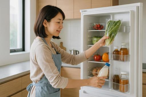 冷蔵庫に食材をしまう女性 冷蔵庫に食材をしまう女性の写真