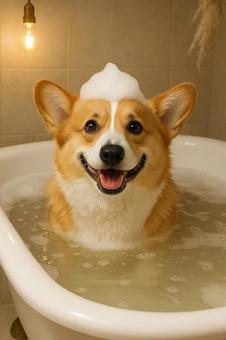 お風呂に入るコーギーの写真