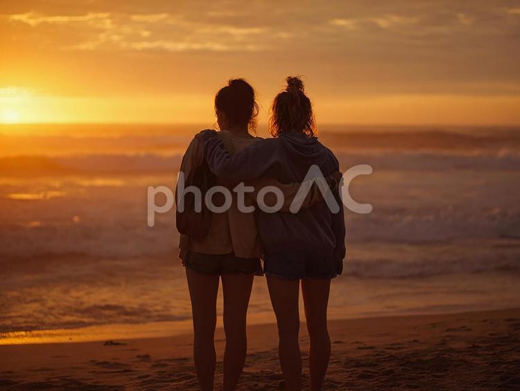 美しい夕暮れのビーチで過ごすひととき 友人,友情,女性の写真素材