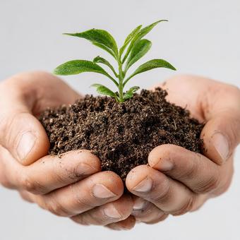 自然との共生を表現する、手と土と植物 自然との共生を表現する、手と土と植物の写真
