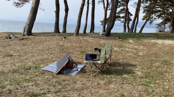 キャンプ場 キャンプ場,湖畔,マツの木の写真素材