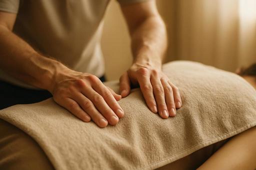 整体師によるマッサージ施術中の手元の様子の写真