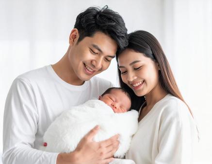 赤ちゃんを抱く幸せそうな夫婦 赤ちゃんを抱く幸せそうな夫婦の写真