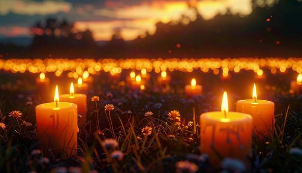 夕焼けに映えるキャンドルと野の花 夕焼けに映えるキャンドルと野の花の写真