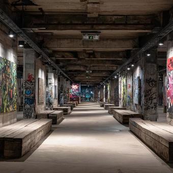 鉄骨構造の下のアーバンアートギャラリーの写真