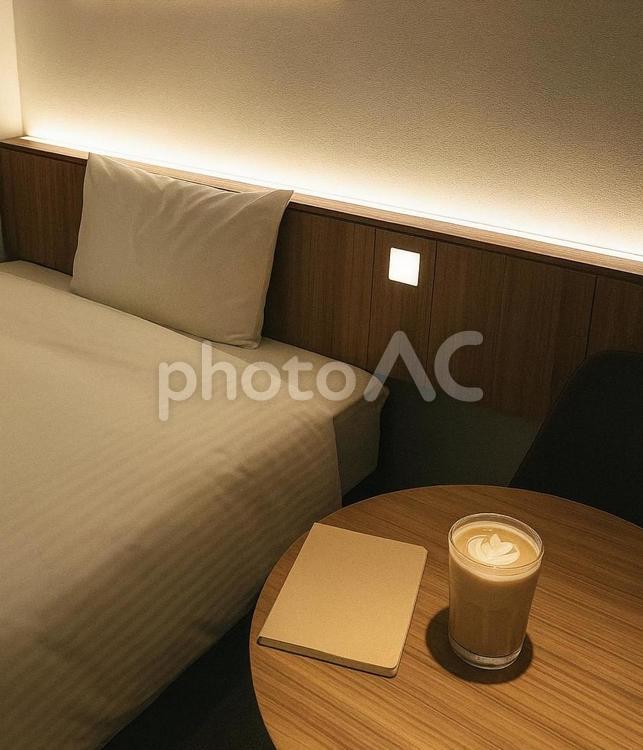 夜のホテルで過ごすひととき ホテル,カフェオレ,アイスコーヒーの写真素材