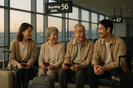 搭乗口でフライトを待つシニア夫婦と娘夫婦の写真