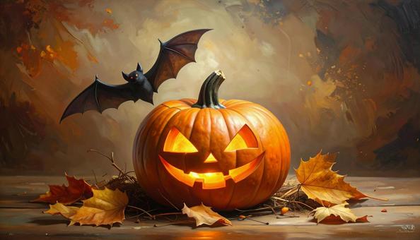 ジャック・オ・ランタンとコウモリの写真