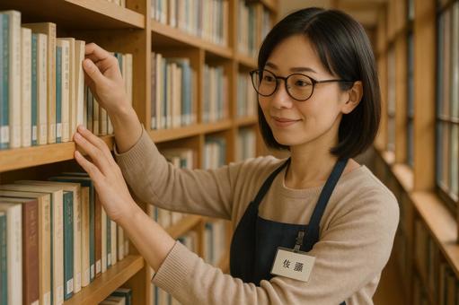 図書館で働く女性司書 図書館で働く女性司書の写真