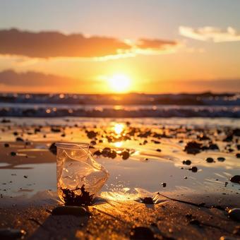 夕暮れの浜辺とプラスチックごみ 夕暮れの浜辺とプラスチックごみの写真