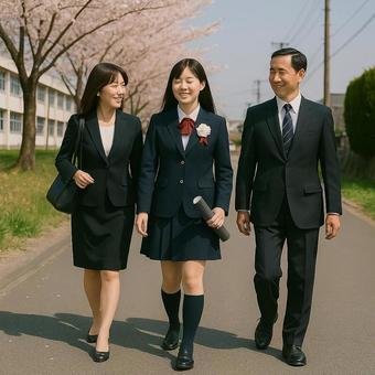 卒業式後、思い出を語りながら両親と帰路に 卒業式後、思い出を語りながら両親と帰路にの写真