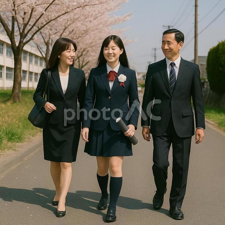 卒業式後、思い出を語りながら両親と帰路に 卒業式,graduation,卒業の写真素材