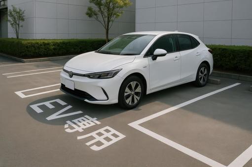 EV専用スペースに駐車された電気自動車 EV専用スペースに駐車された電気自動車の写真