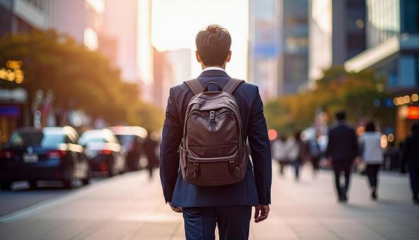 街中を通勤で歩いていくリュック姿の男性 街中を通勤で歩いていくリュック姿の男性の写真