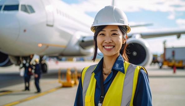 笑顔で航空機の誘導を行うランプ作業員 笑顔で航空機の誘導を行うランプ作業員の写真