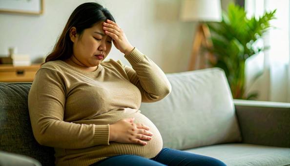 肥満で疲れやすく、額に手をやる女性 肥満で疲れやすく、額に手をやる女性の写真