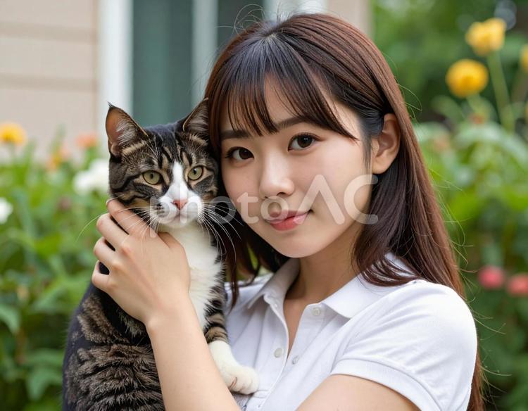 猫を飼い始めました 人物,女性,猫の写真素材