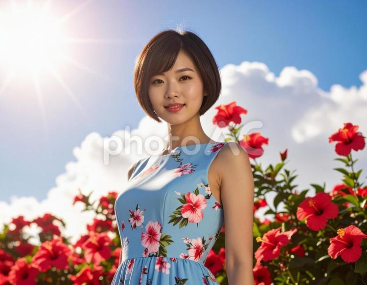 ハイビスカスと、真夏の彼女 ハイビスカス,女性,若いの写真素材