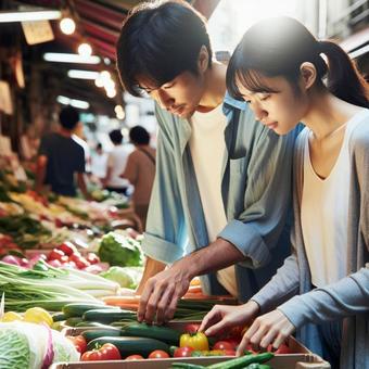 八百屋で野菜選び 八百屋で野菜選びの写真
