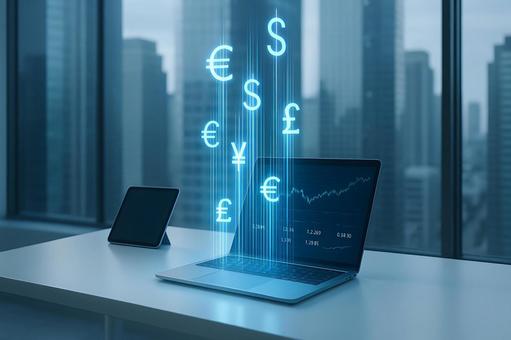 通貨データが昇る未来オフィスの情景 通貨データが昇る未来オフィスの情景 オフィス,ノートパソコン,タブレットの写真素材