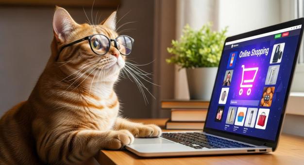 猫がパソコンでオンラインショッピング 猫がパソコンでオンラインショッピングの写真