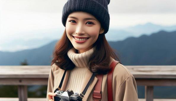 秋 山の展望台で微笑む若い女性 秋 山の展望台で微笑む若い女性の写真