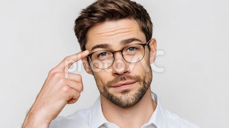 ”考えてるか？”とジェスチャーする男性 男性,外国人,ポートレートの写真素材