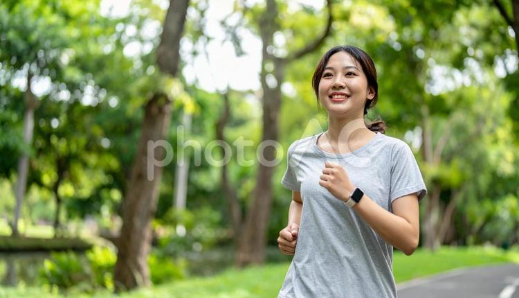 緑の多い公園をジョギングする日本人女性 日本人,女性,ランニングの写真素材