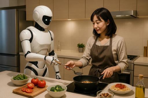 料理支援ロボットと台所の朝 料理支援ロボットと台所の朝の写真
