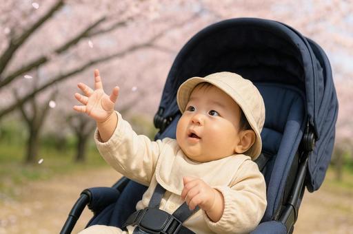 ベビーカーでお花見をする赤ちゃん ベビーカーでお花見をする赤ちゃんの写真