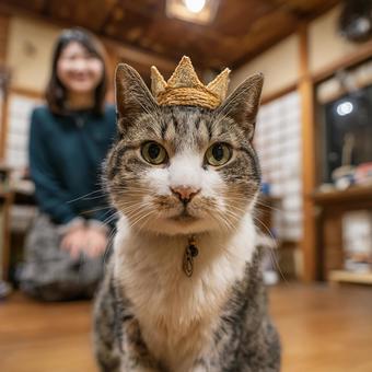 冠をかぶって自信満々な猫の王様 冠をかぶって自信満々な猫の王様の写真