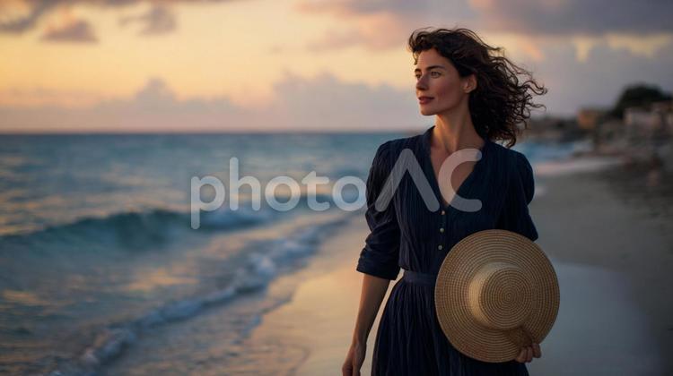 麦わら帽子を手に、穏やかな海辺を歩く女性 女性,夏,イタリア人の写真素材
