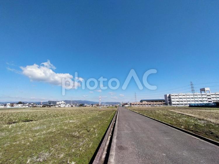青空と冬の田んぼ 青空,快晴,雲の写真素材