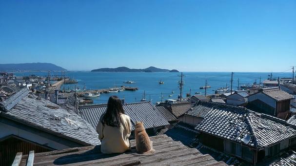 穏やかな海の景色と二人 穏やかな海の景色と二人の写真