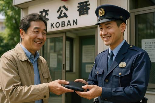 落とし物を届ける市民と警察 落とし物を届ける市民と警察の写真