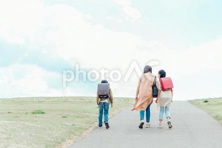 道を歩く親子（マスク姿・後ろ姿） 親子,子供,マスクの写真素材