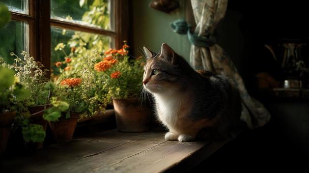 窓辺で外を見つめる可愛い猫 窓辺で外を見つめる可愛い猫の写真