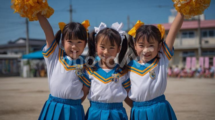 3人のチアガールの小学生 チアリーダー,チアガール,チアリーディングの写真素材